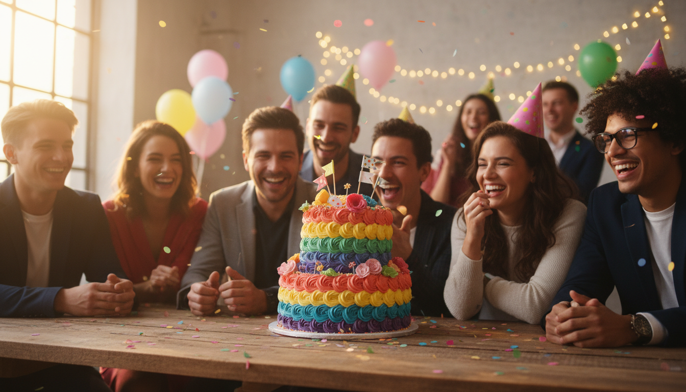 Friends laughing around birthday cake with colorful decorations