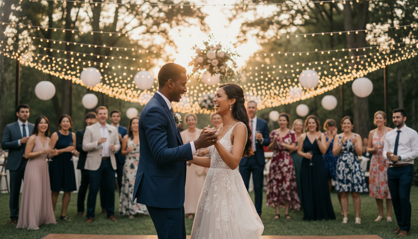 Couple dancing under fairy lights at outdoor reception