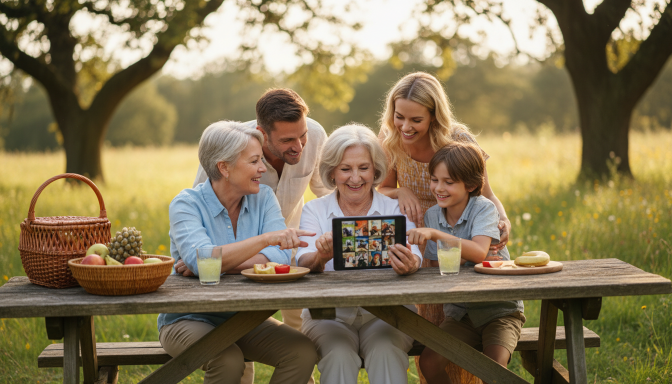 Four generations gathered around picnic table outdoors sharing digital photos on a tablet