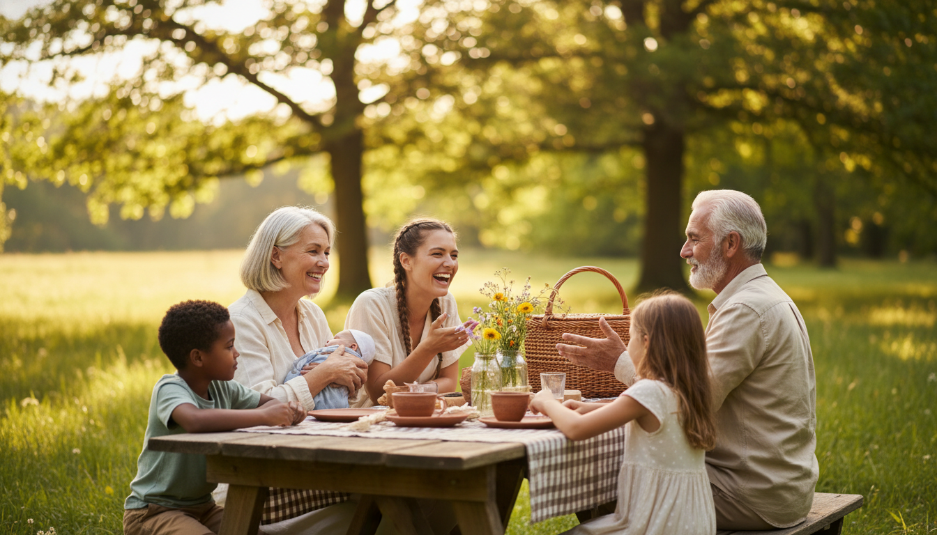 Four generations gathered around picnic table outdoors