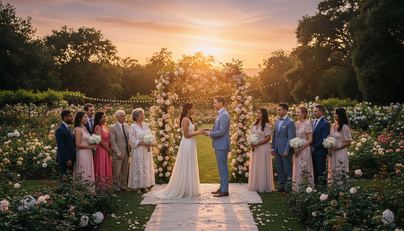 Couple renewing vows surrounded by family during a sunset garden ceremony