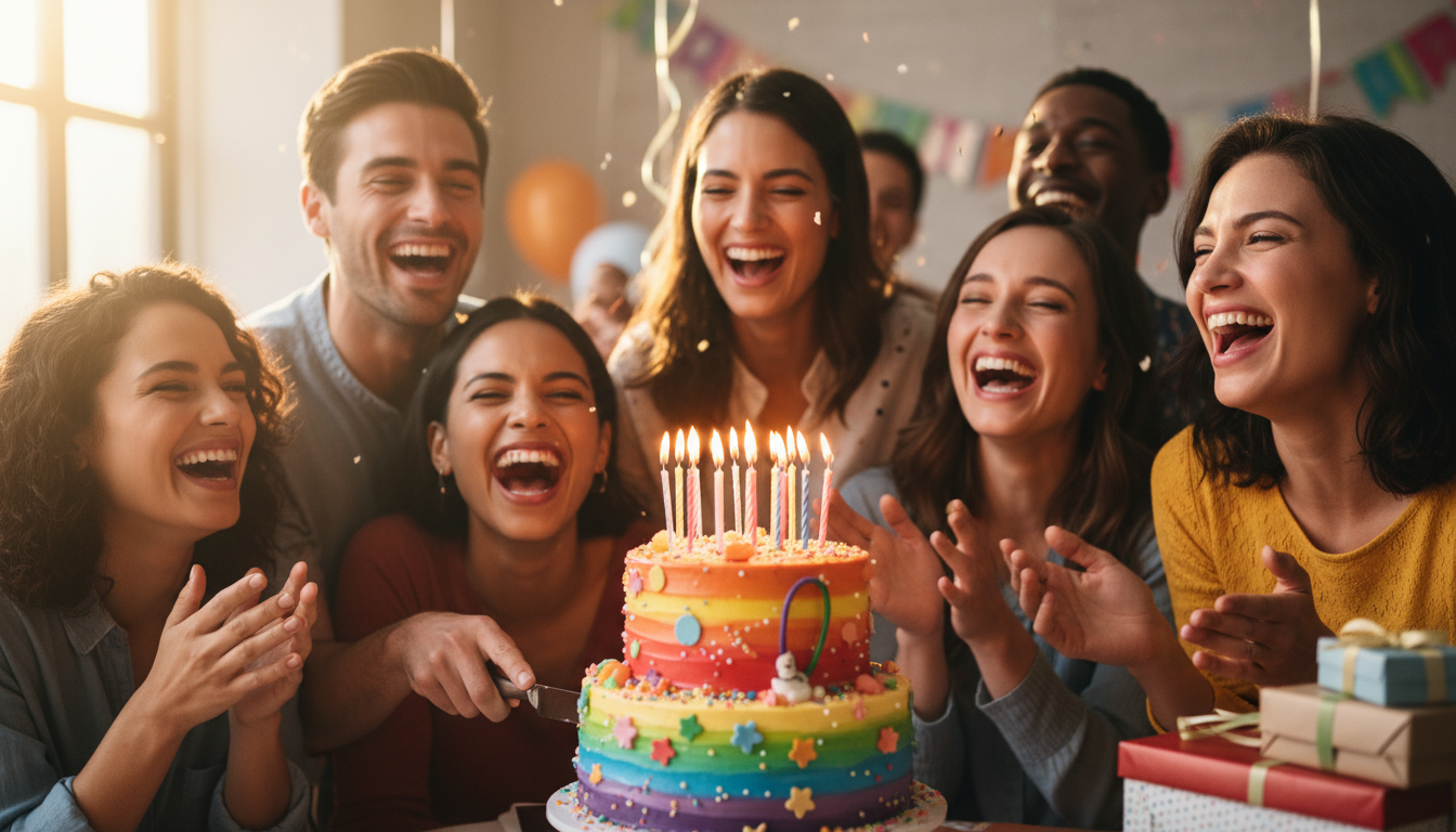 Friends laughing around birthday cake with colorful decorations