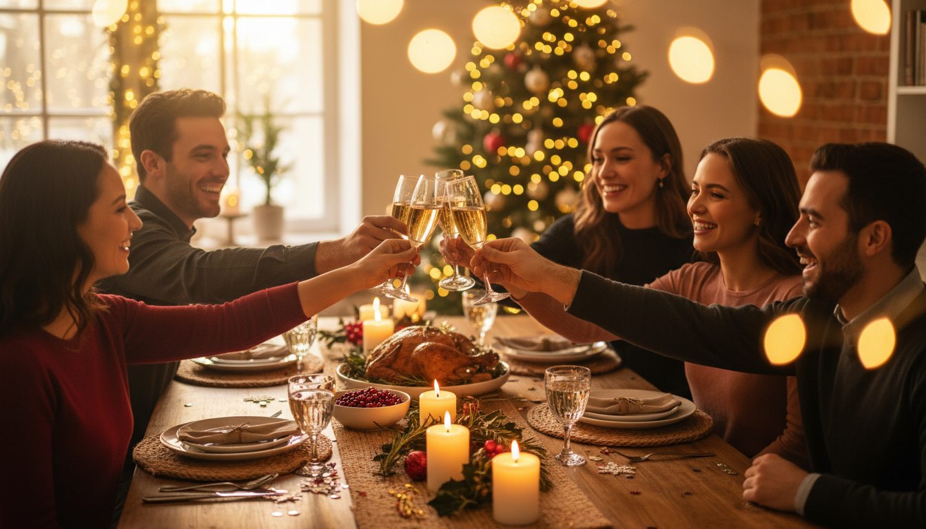 Friends toasting at festive holiday dinner party