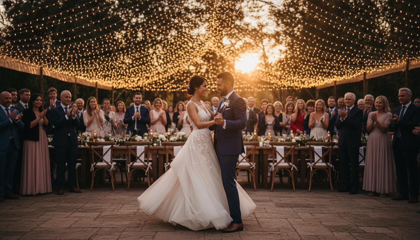 Couple dancing under fairy lights at outdoor reception