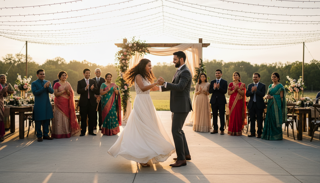 Couple dancing under fairy lights at outdoor reception