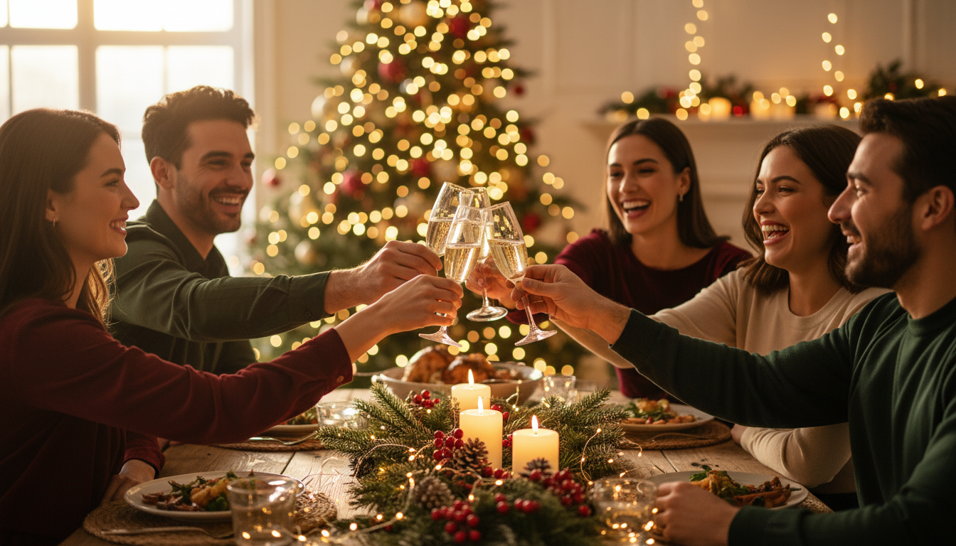 Friends toasting at festive holiday dinner party