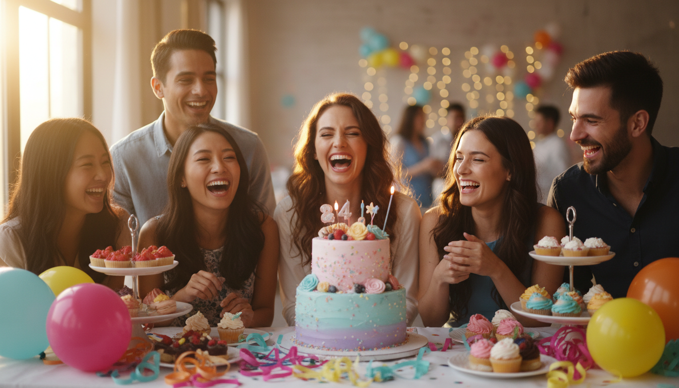 Friends laughing around birthday cake with colorful decorations