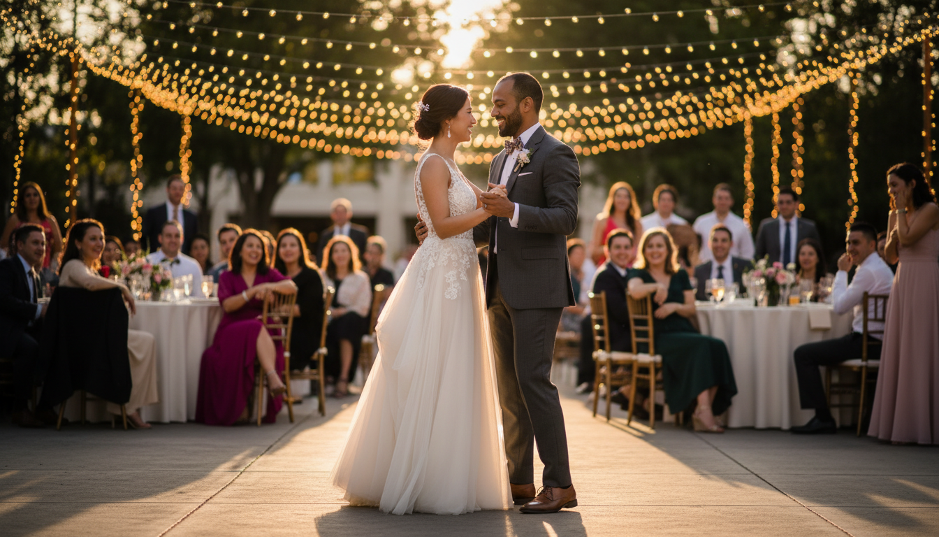 Couple dancing under fairy lights at outdoor reception