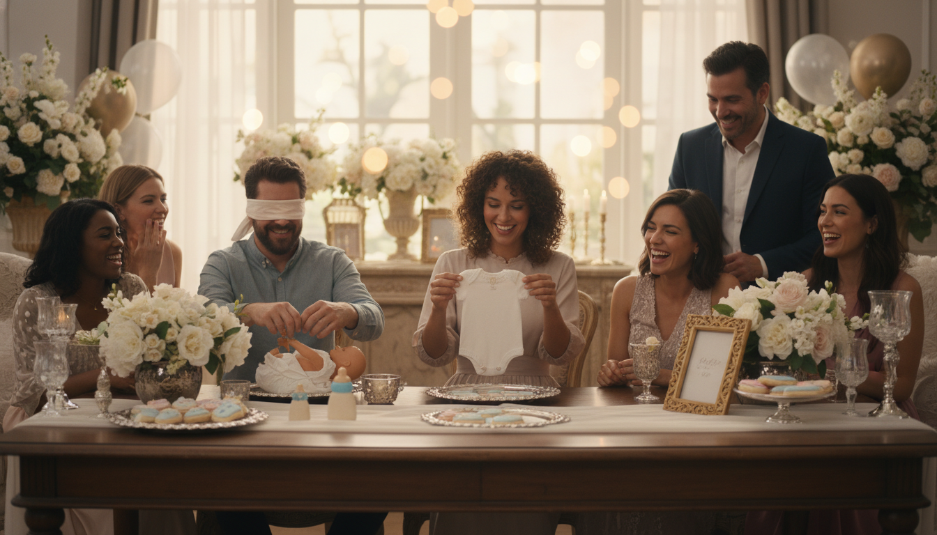 Guests playing games at elegantly decorated baby shower