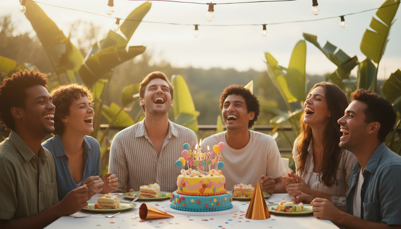 Friends laughing around birthday cake with colorful decorations
