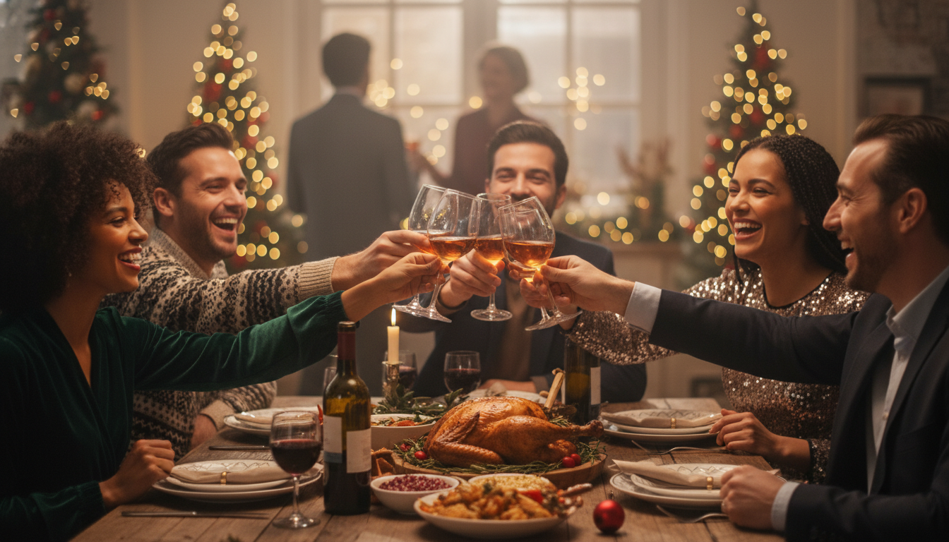 Friends toasting at festive holiday dinner party