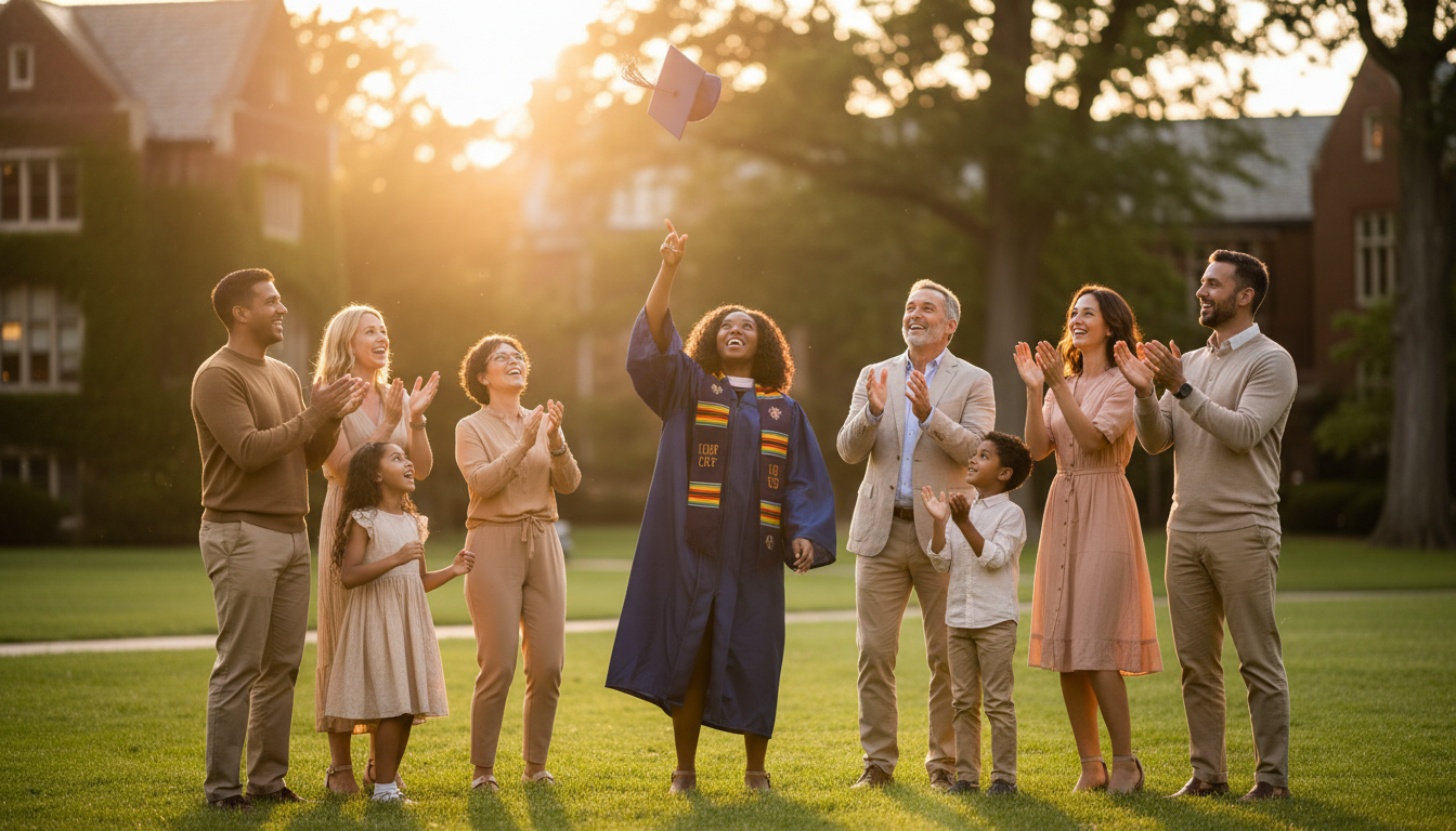 Proud graduate throwing cap in air with cheering family