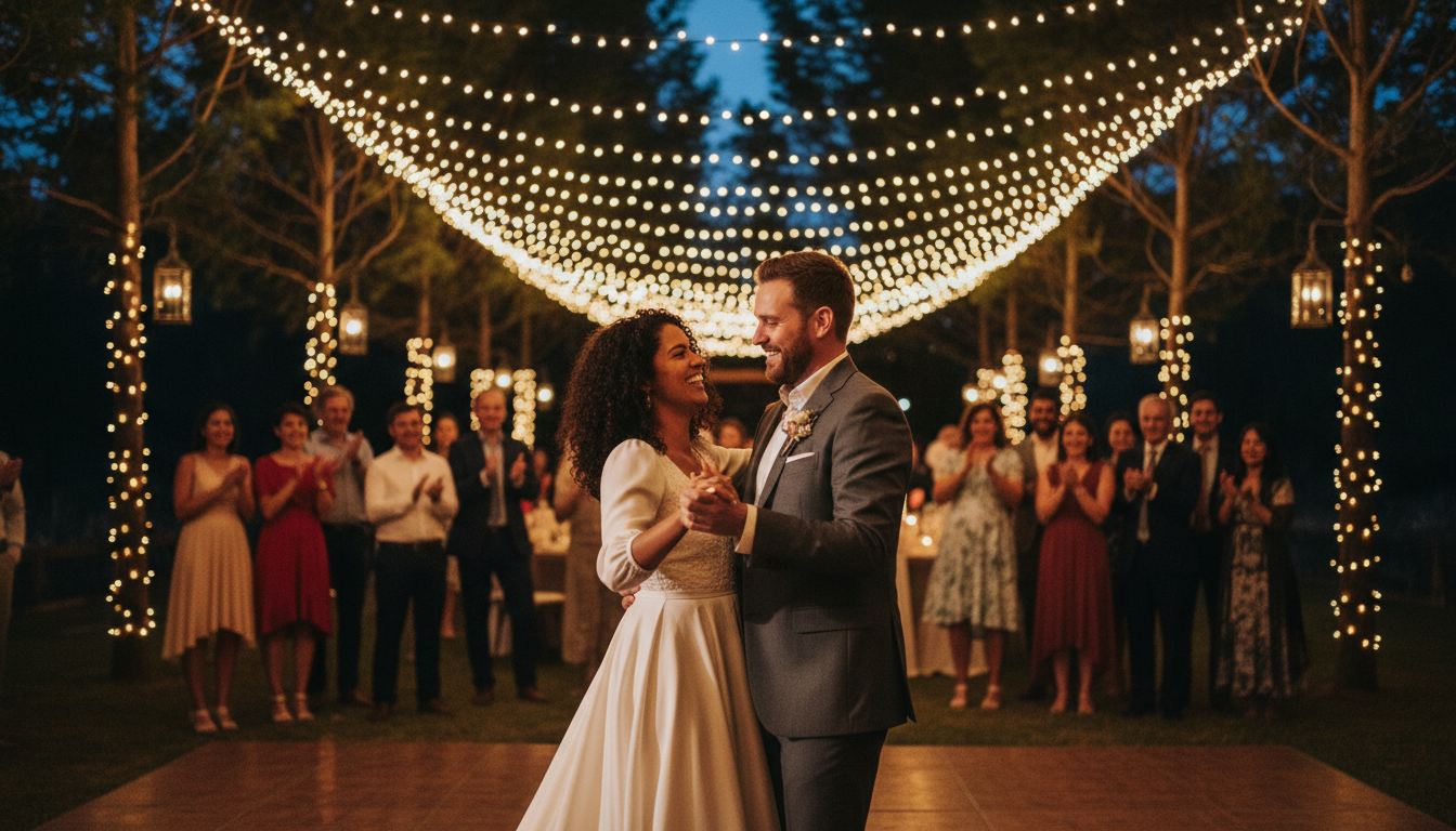 Couple dancing under fairy lights at outdoor reception