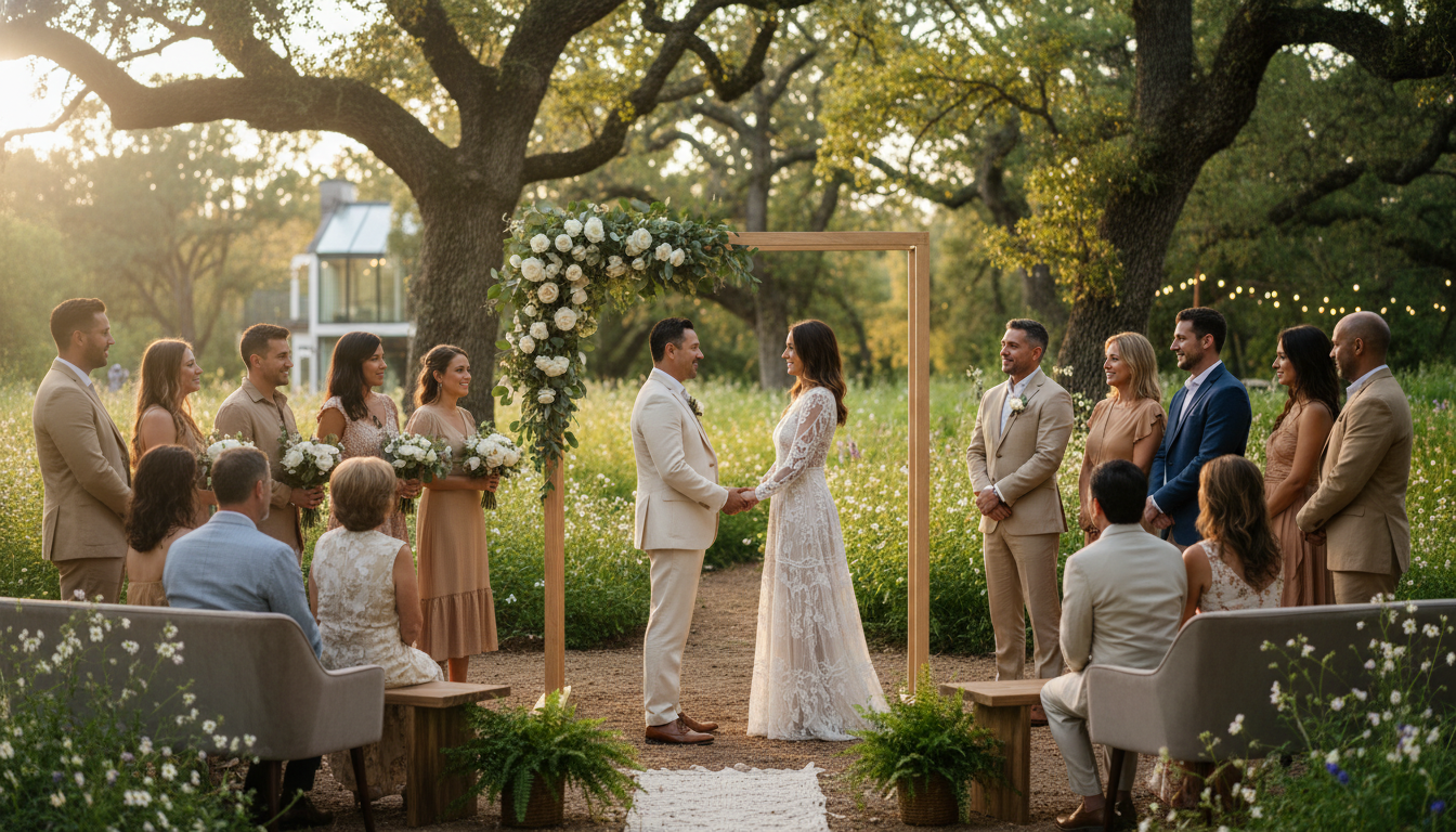 Couple renewing vows surrounded by family during an intimate outdoor ceremony with modern decor