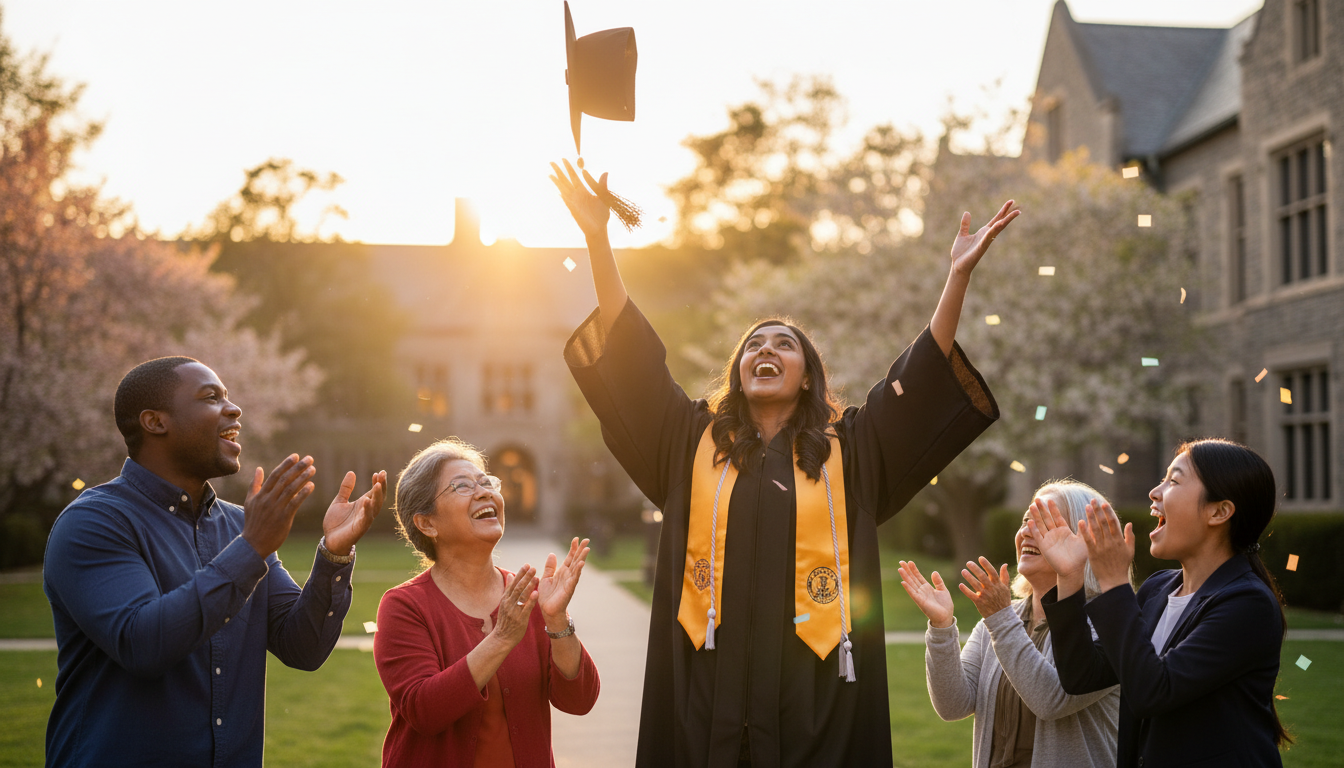 Proud graduate throwing cap in air with cheering family
