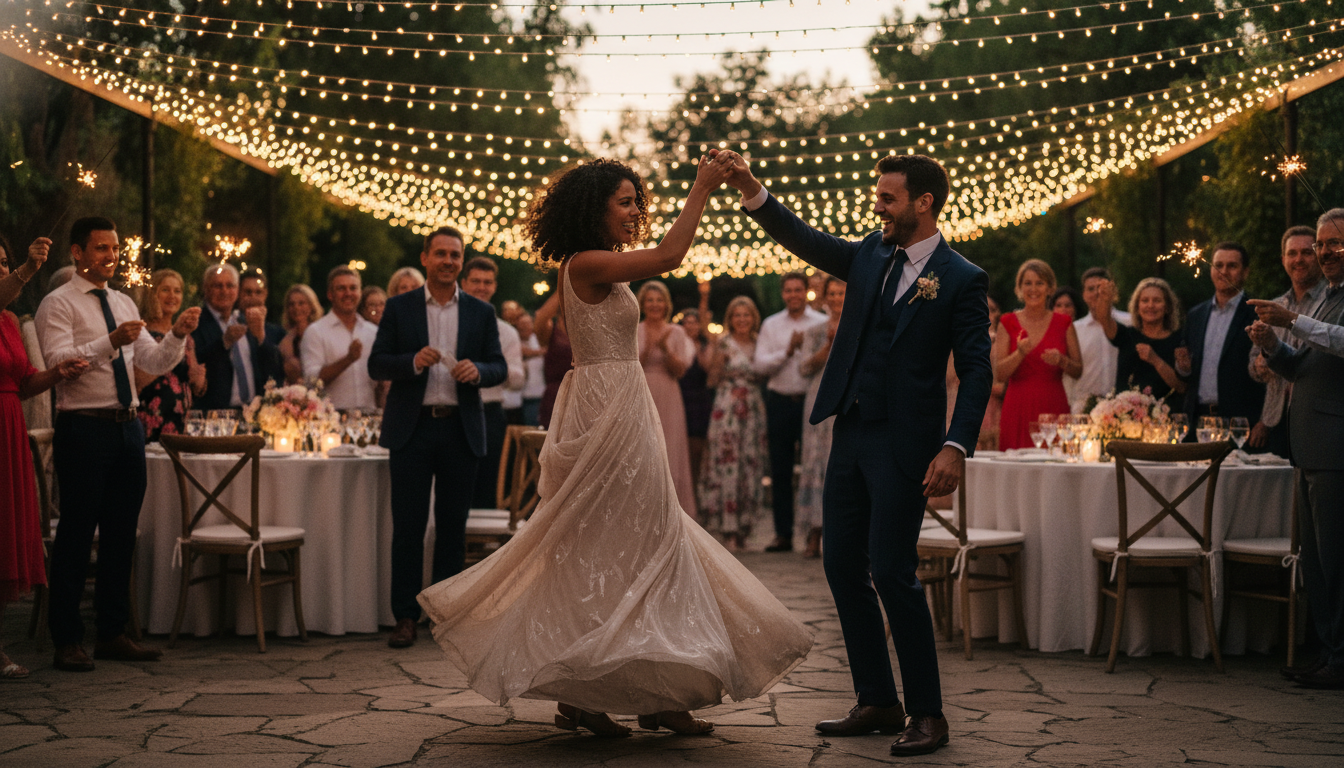 Couple dancing under fairy lights at outdoor reception