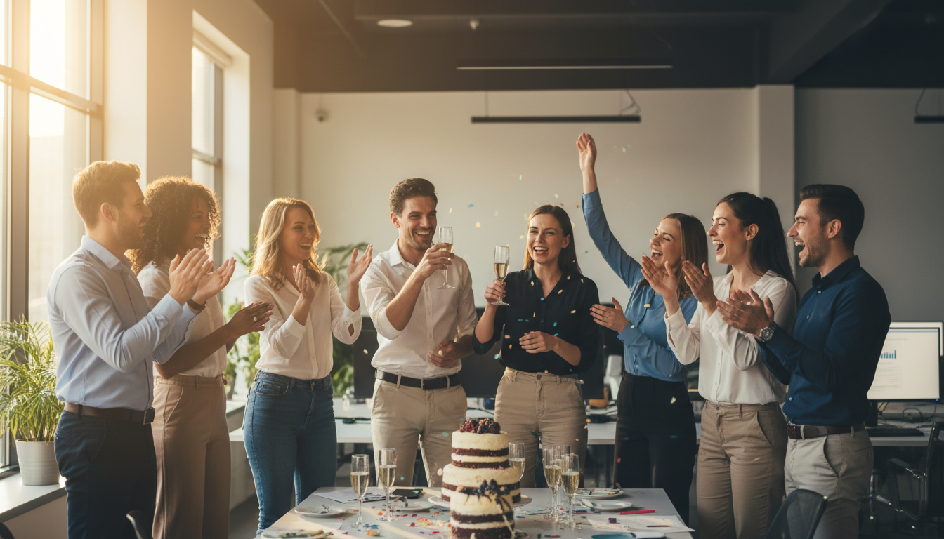 Team celebrating achievement at modern office event