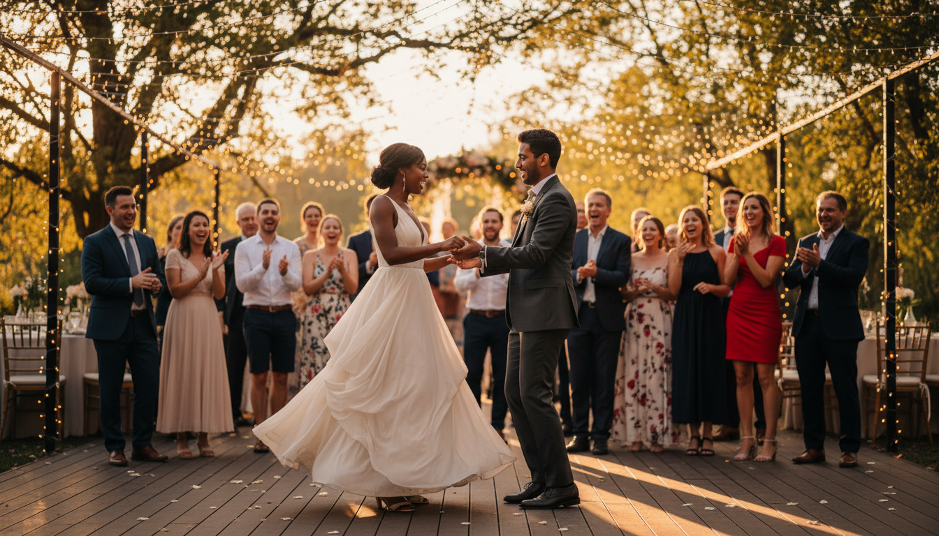 Couple dancing under fairy lights at outdoor reception