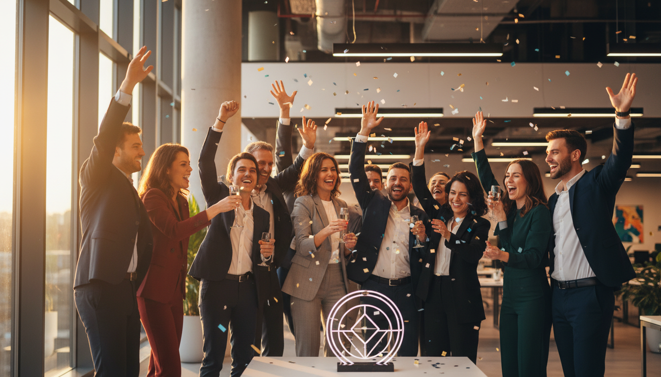 Team celebrating achievement at modern office event