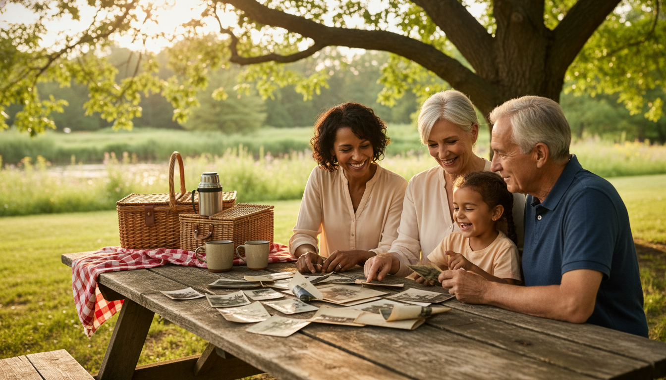 Four generations gathered around picnic table outdoors with vintage photos spread across it