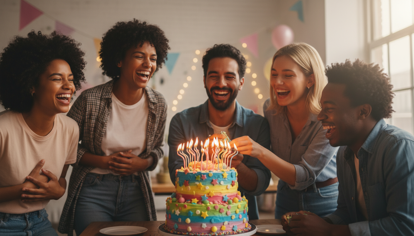 Friends laughing around birthday cake with colorful decorations