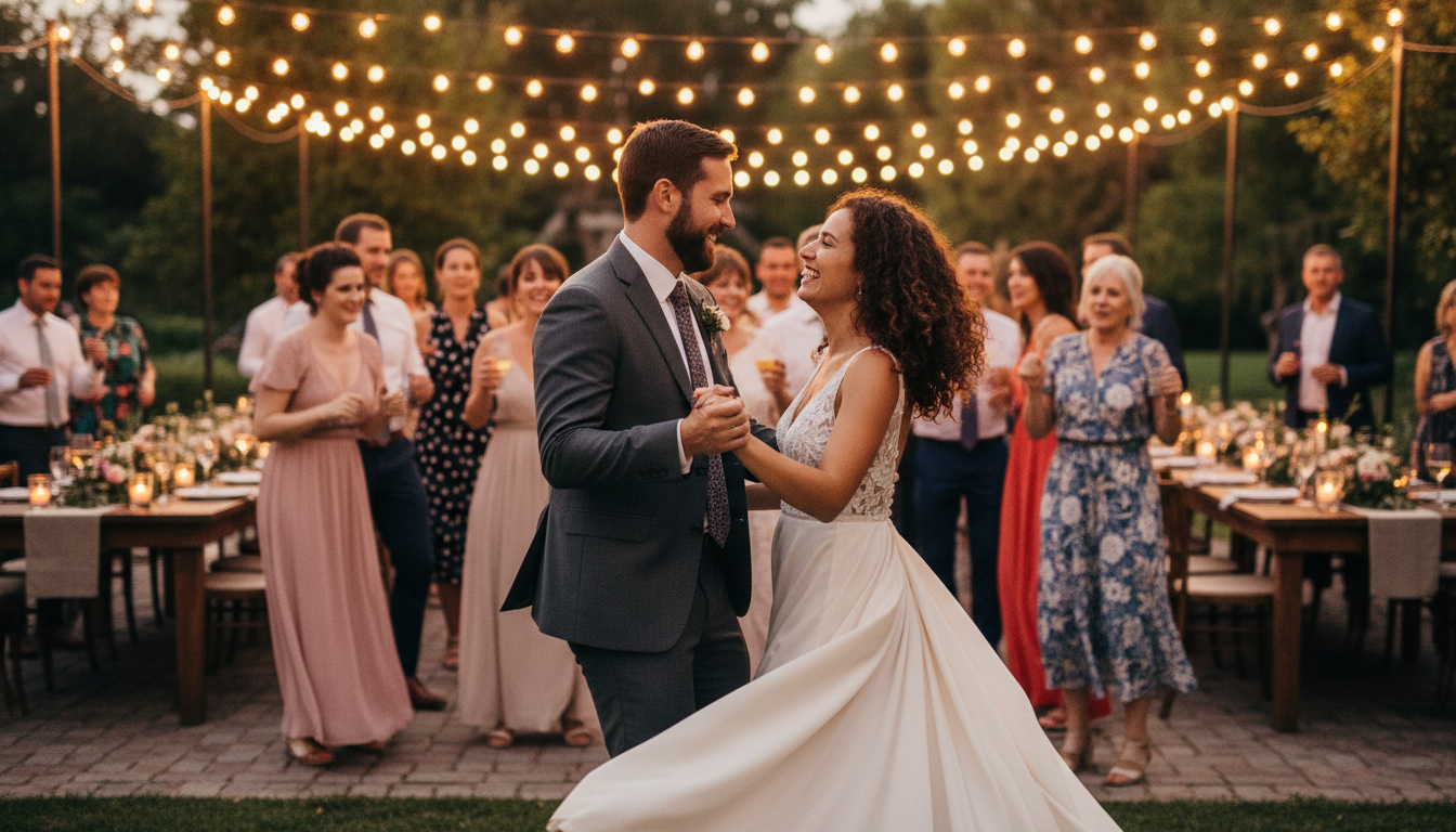 Couple dancing under fairy lights at outdoor reception
