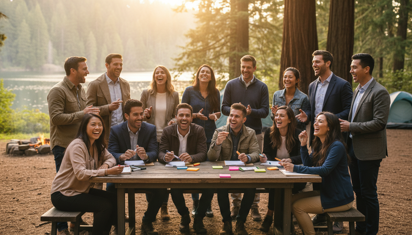 Professional team members laughing and collaborating during a dynamic outdoor corporate retreat workshop