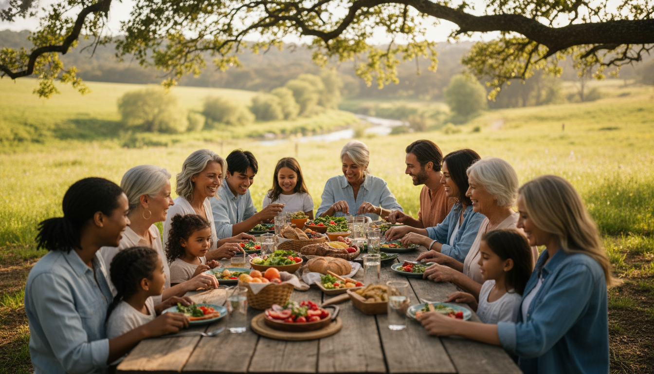 Four generations gathered around picnic table outdoors