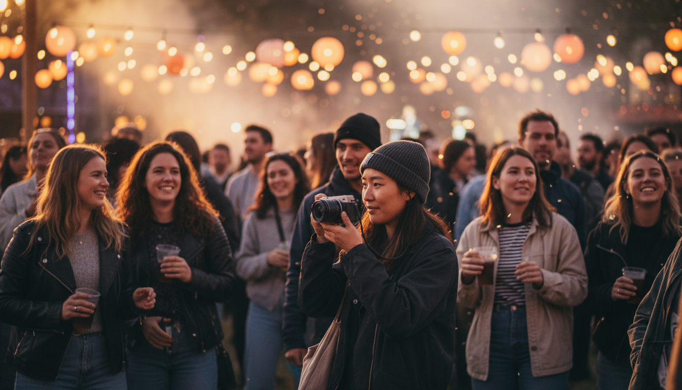 Person taking candid photo at crowded event while staying inconspicuous