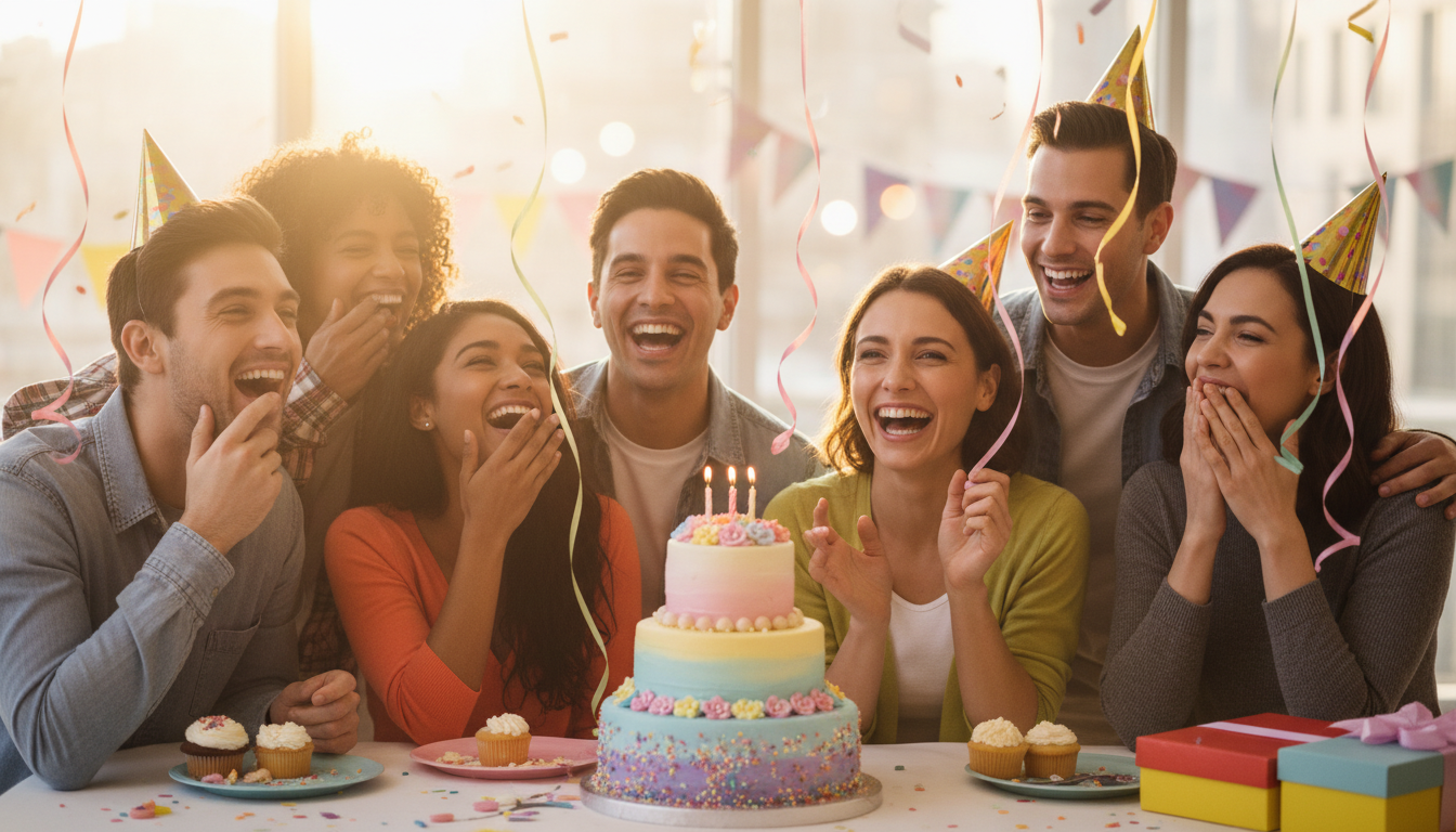 Friends laughing around birthday cake with colorful decorations