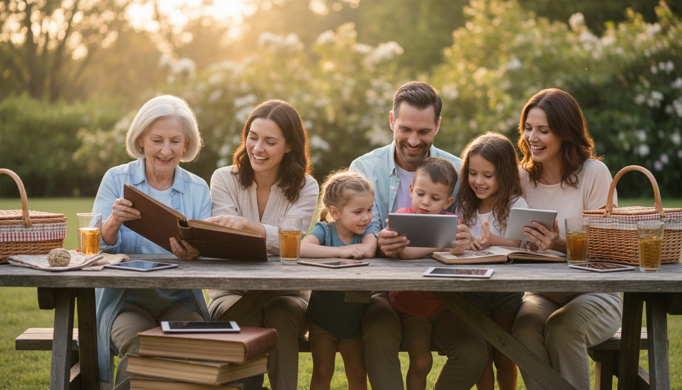 Four generations gathered around picnic table outdoors with old photo albums and digital tablets