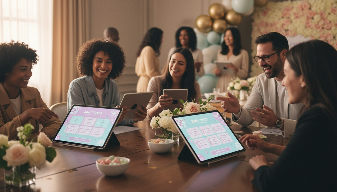 Guests playing games at elegantly decorated baby shower with modern tablet displays