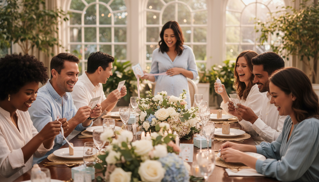 Guests playing games at elegantly decorated baby shower