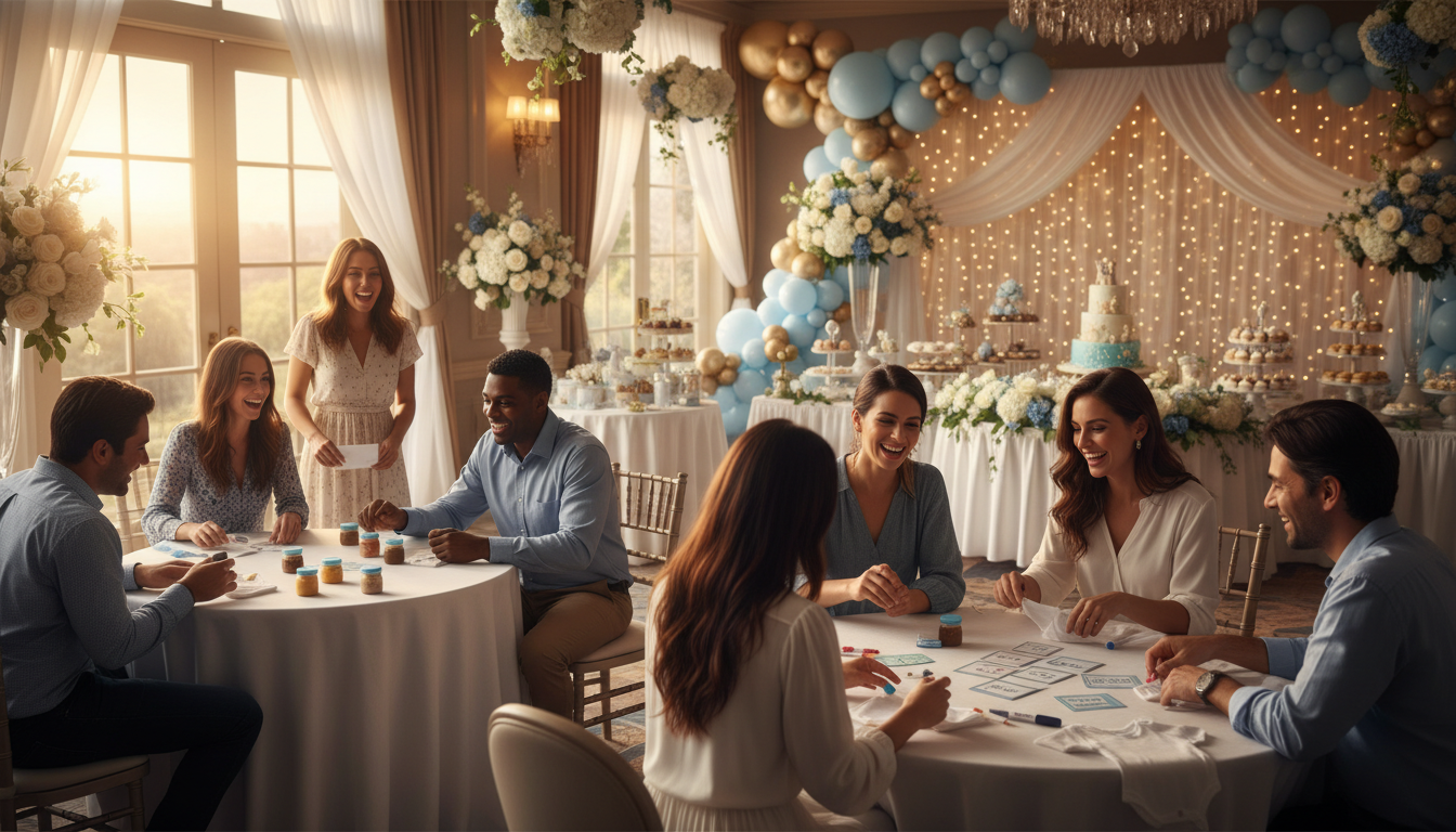 Guests playing games at elegantly decorated baby shower