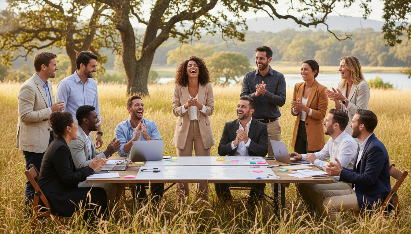 Diverse group of professional colleagues laughing and participating in a collaborative outdoor workshop during a 2026 corporate retreat.