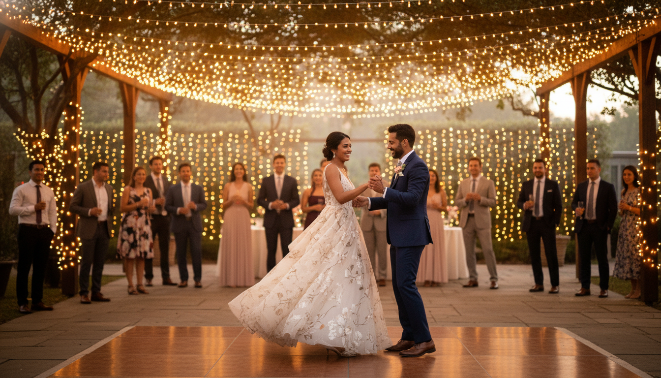 Couple dancing under fairy lights at outdoor reception