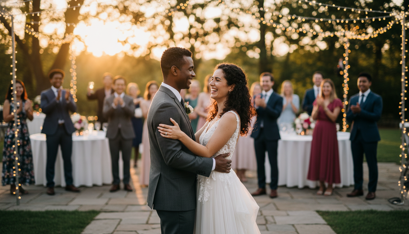 Couple dancing under fairy lights at outdoor reception