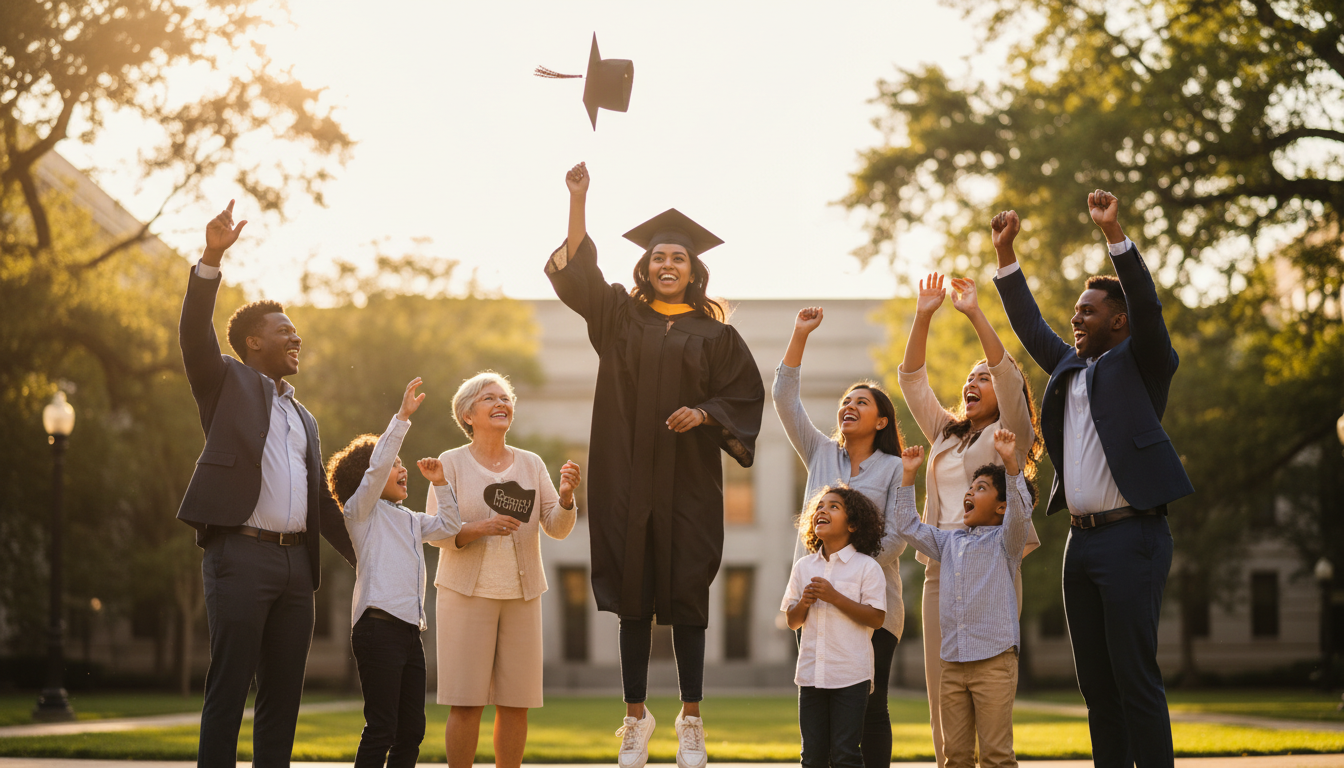 Proud graduate throwing cap in air with cheering family