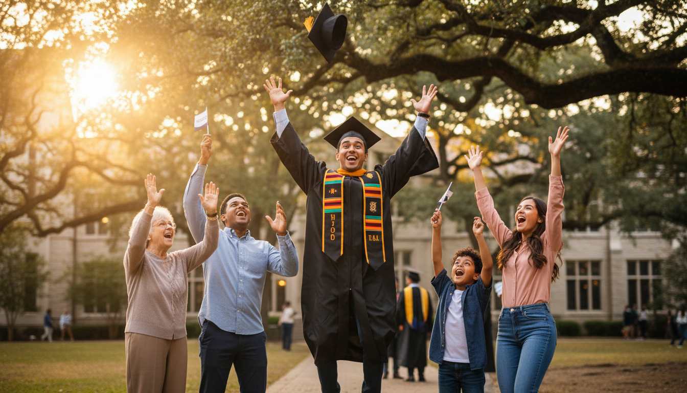 Proud graduate throwing cap in air with cheering family