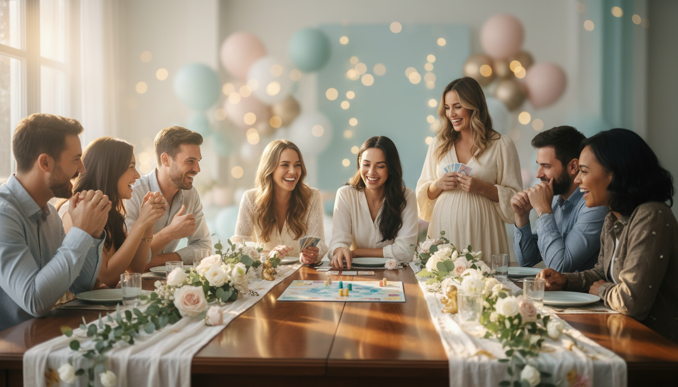 Guests playing games at elegantly decorated baby shower
