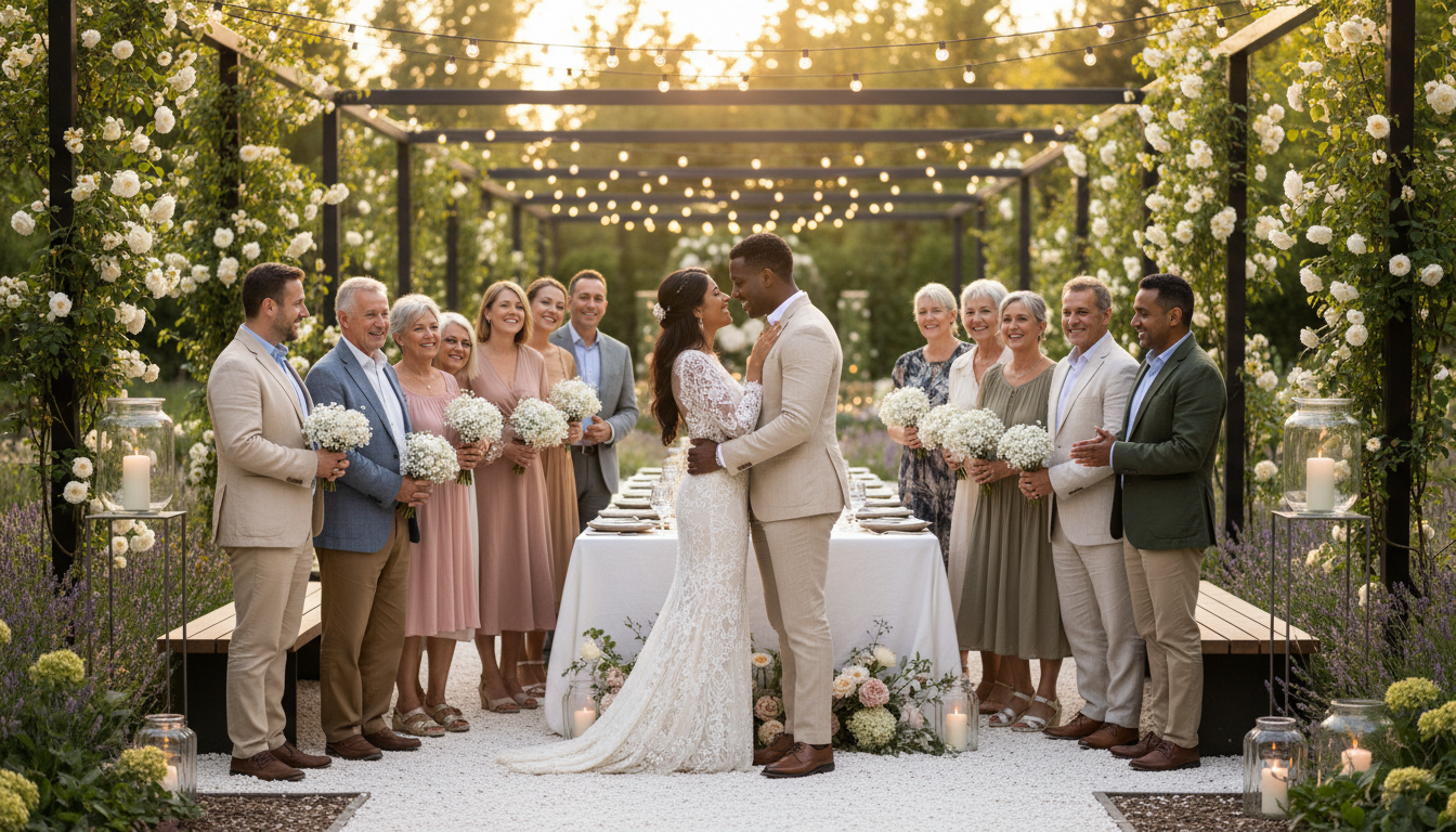 Couple renewing vows surrounded by family at a modern garden celebration