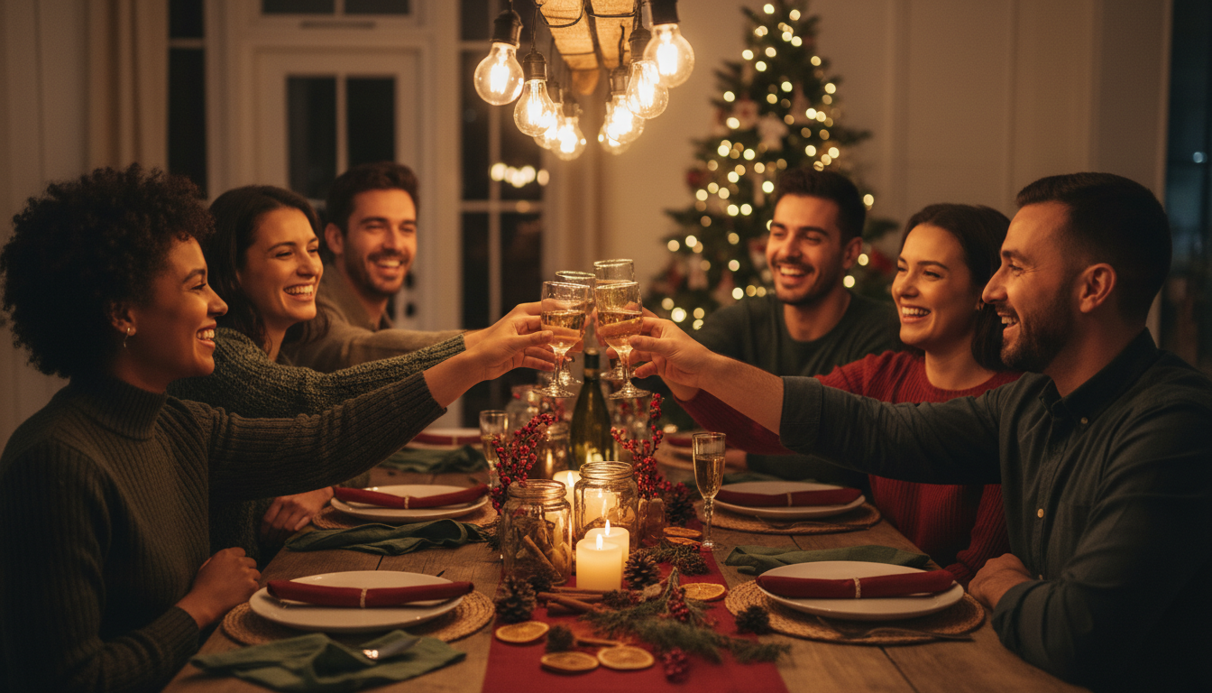 Friends toasting at festive holiday dinner party with eco-friendly decorations