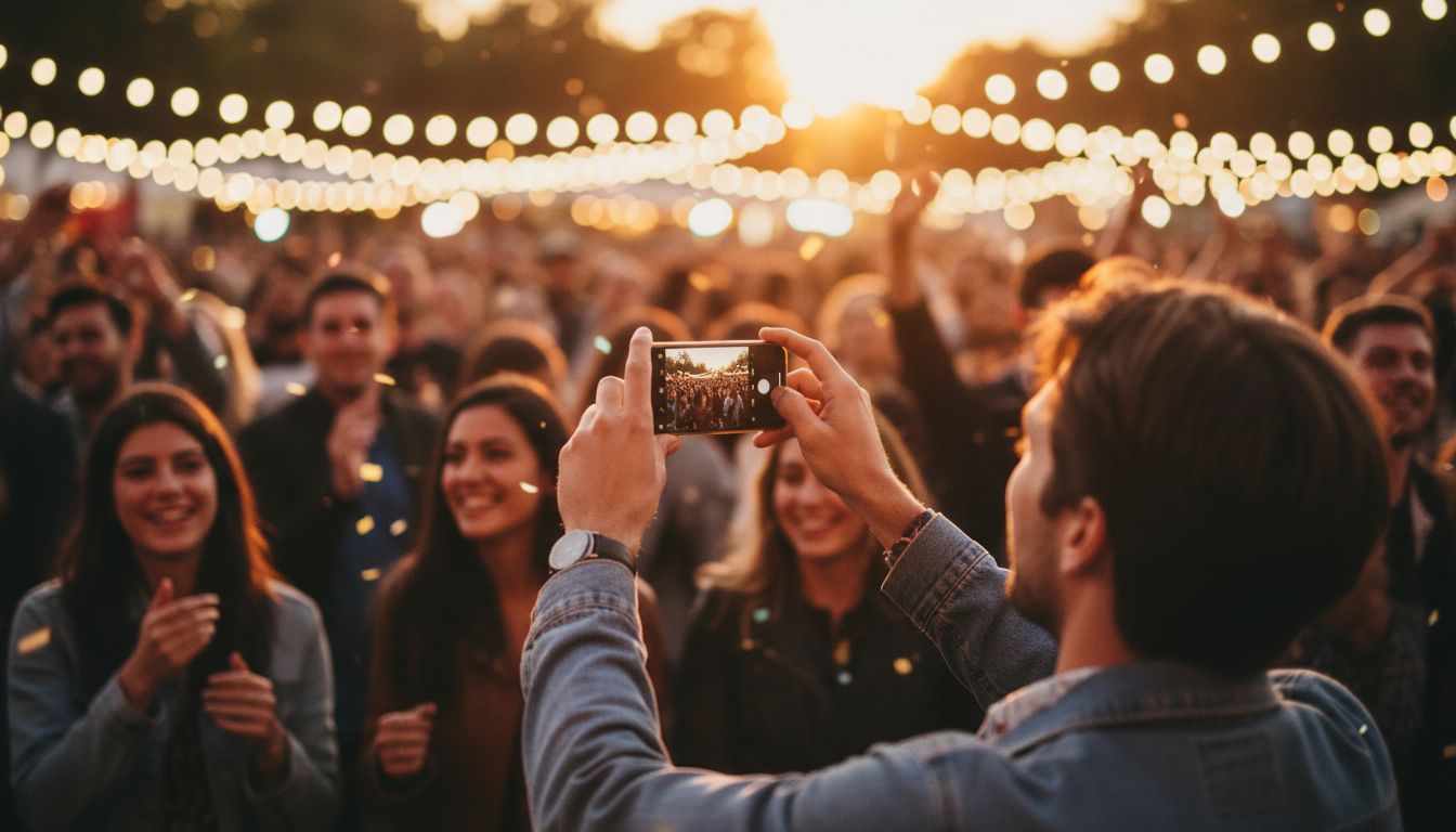 Person taking candid photo at crowded event with warm ambient lighting
