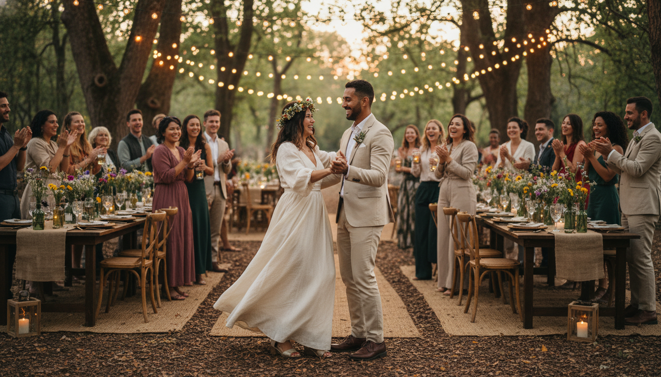 Couple dancing under fairy lights at outdoor reception with eco-friendly decor