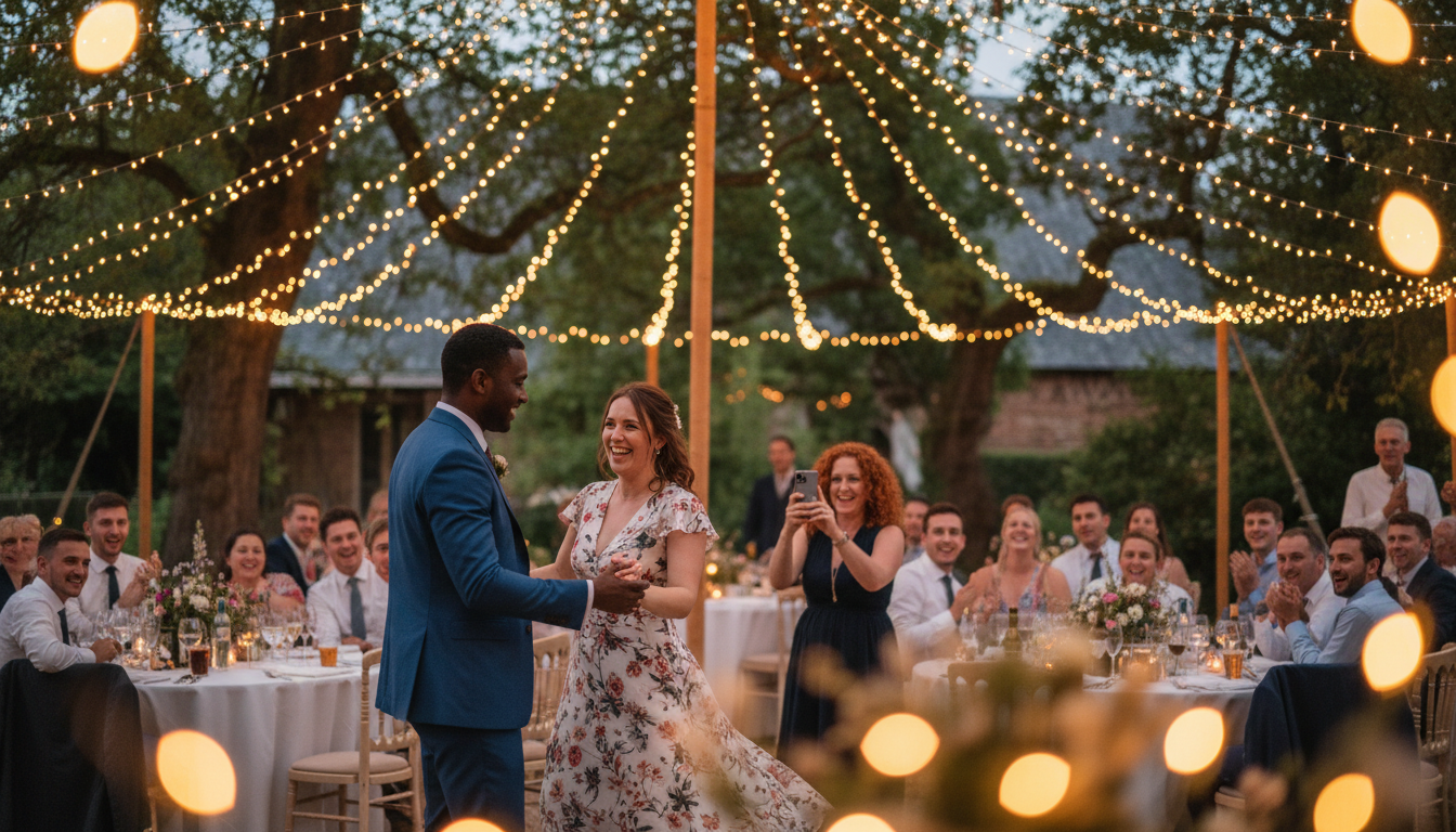 Couple dancing under fairy lights at outdoor reception while guest takes photo