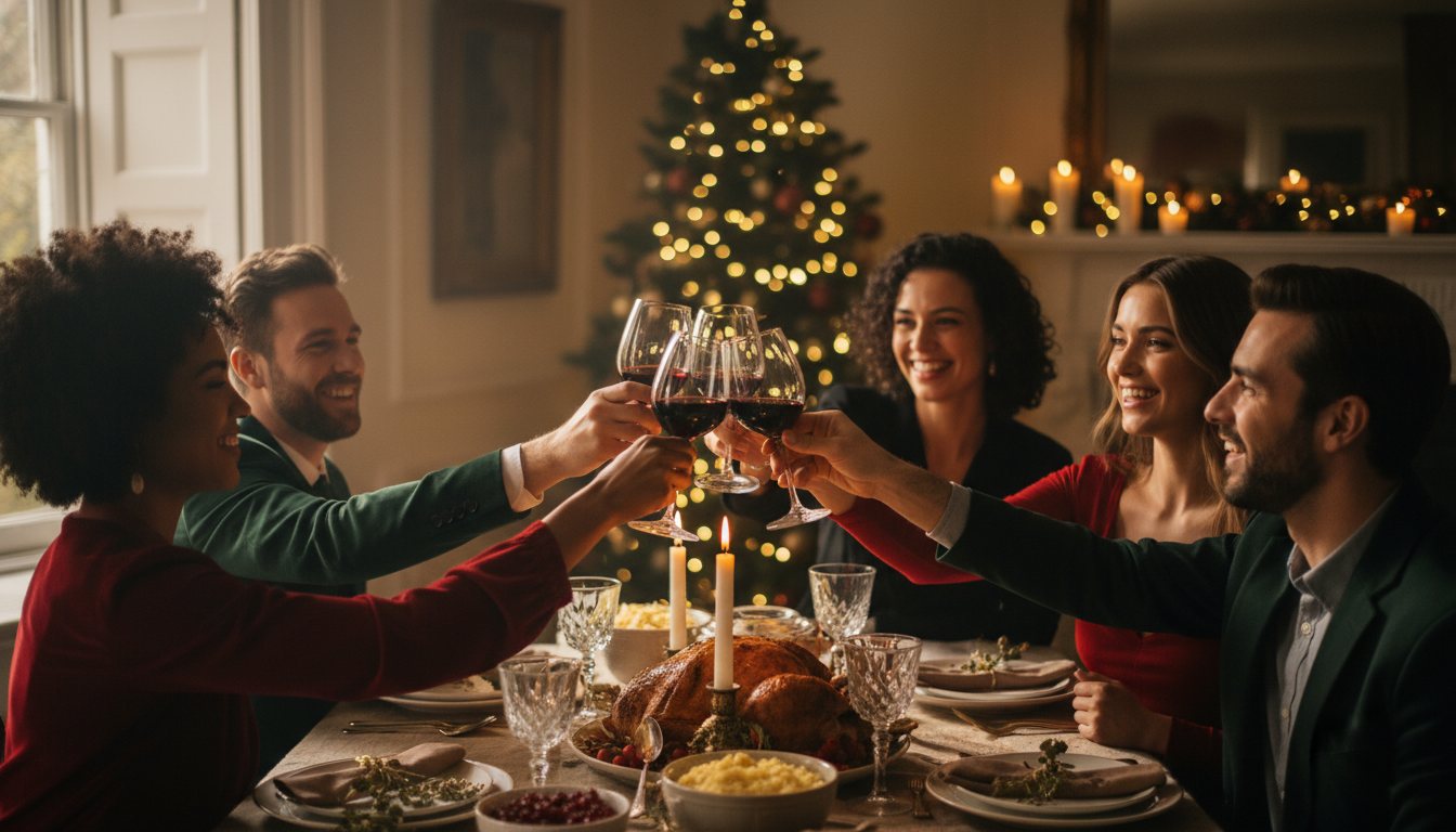 Friends toasting at festive holiday dinner party