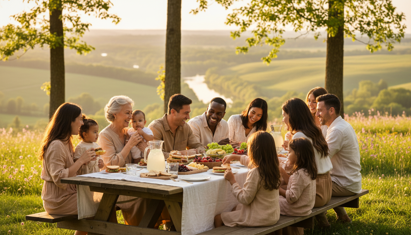 Four generations gathered around picnic table outdoors