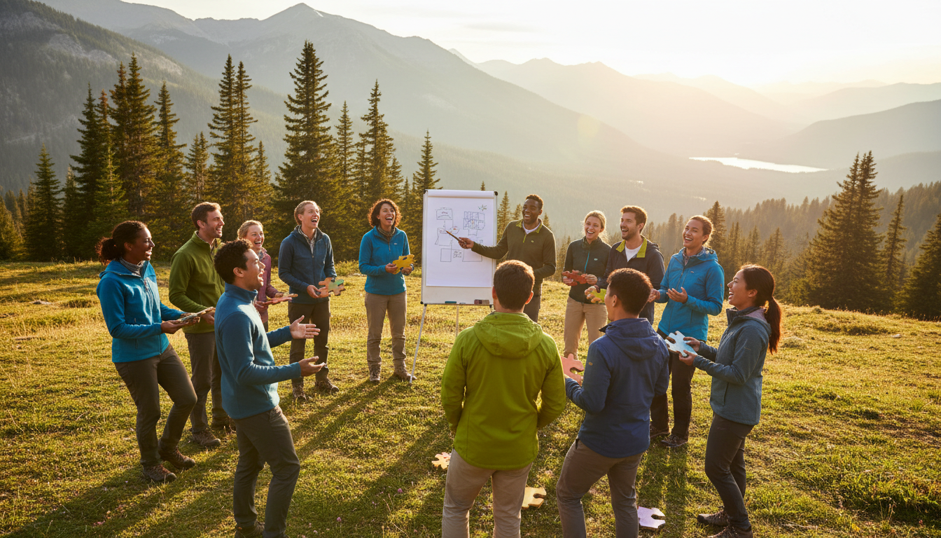 Diverse group of professional colleagues laughing and collaborating during an outdoor team-building workshop in the mountains
