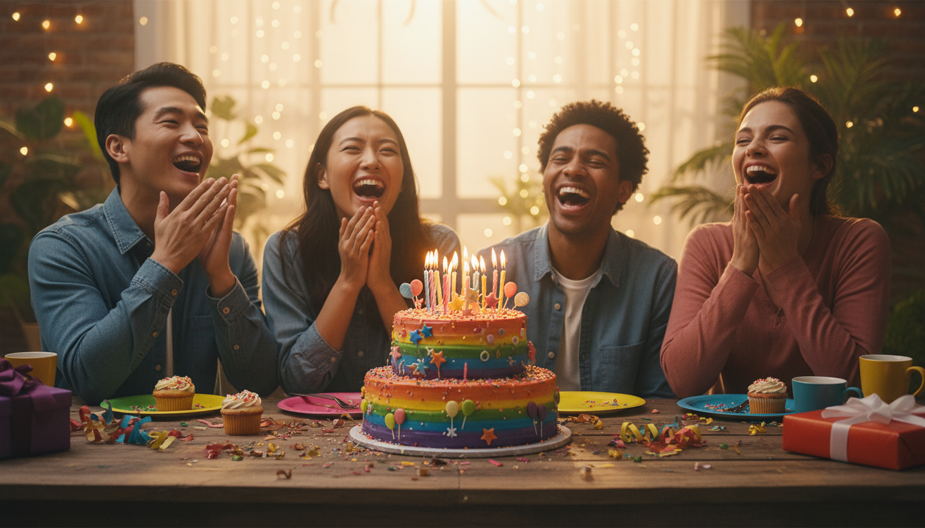 Friends laughing around birthday cake with colorful decorations