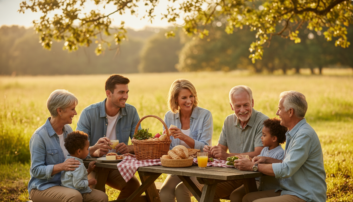 Four generations gathered around picnic table outdoors